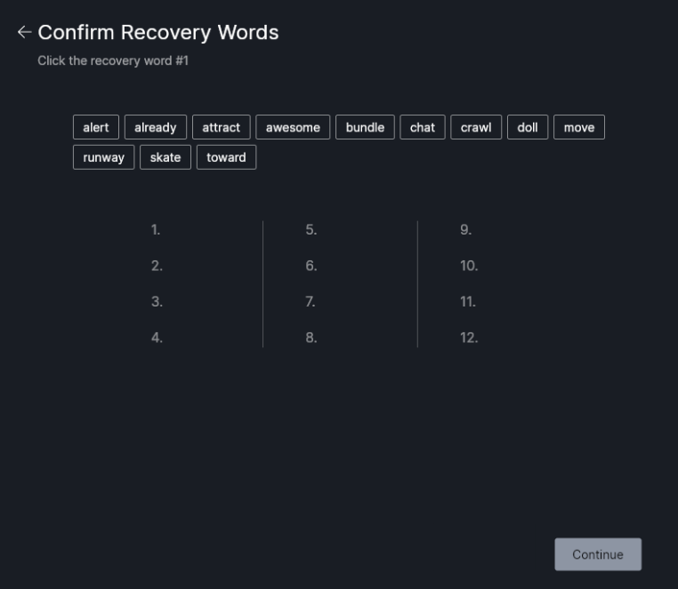 Confirm recovery words